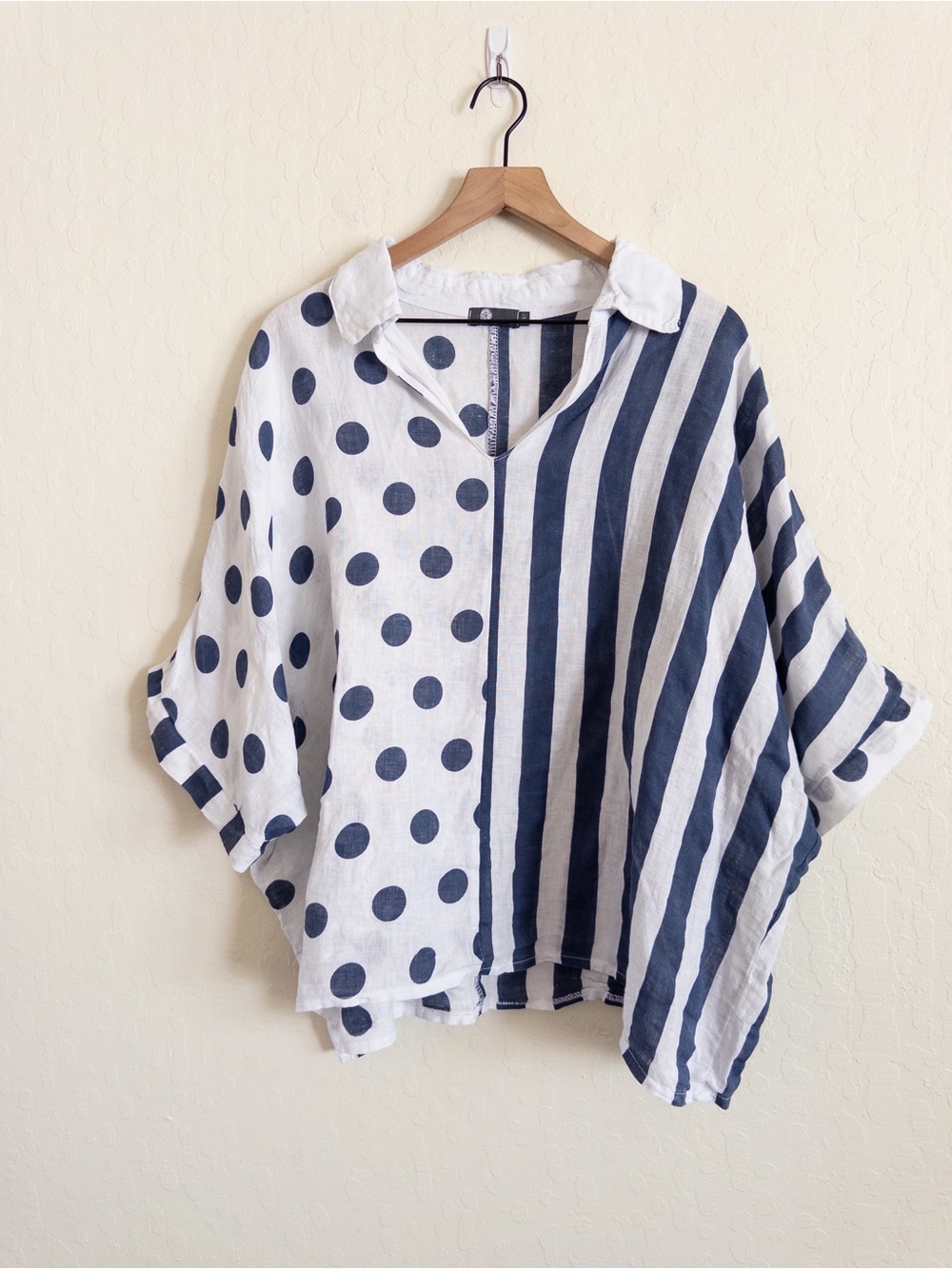 M Made in Italy 100% Linen Striped Polka Dot Popover Dolman Sleeve Tunic XL Boho